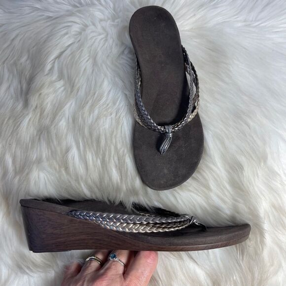 Vionic Ramba Metallic Braided Leather Wedge Thong Sandals Sz 8 - Picture 2 of 6